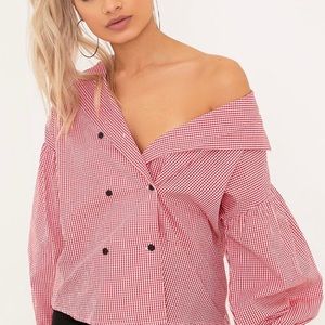 NWOT Red and white gingham check cuff sleeve shirt